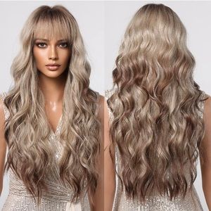 Human hair blend platinum blonde with brown highlights wig.